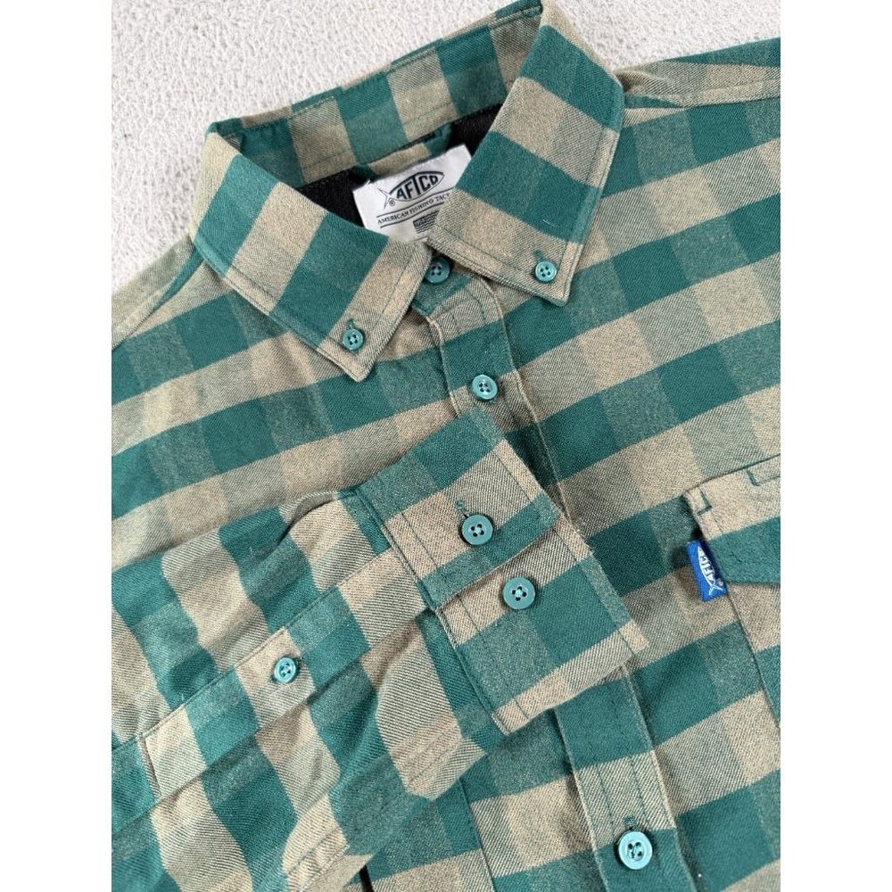AFTCO Flannel Fishing Shirt Mens‎ Small Green Plaid Vented Long Sleeve Aftech